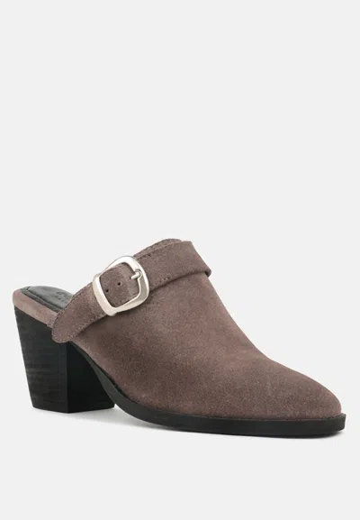 Shop Rag & Co Tarrah Grey Stacked Heel Mules With Adjustable Buckle In Brown