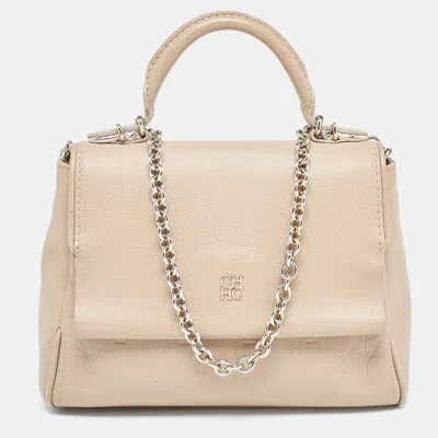 Shop Ch Carolina Herrera Leather Small Minuetto Top Handle Bag In Beige