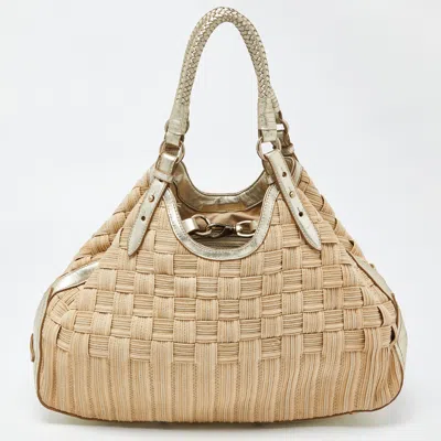 Shop Cole Haan /gold Woven Canvas And Leather Satchel In Beige