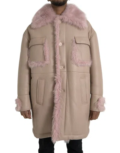 Shop Dolce & Gabbana Beige Pink Lamb Leather Shearling Coat Men's Jacket