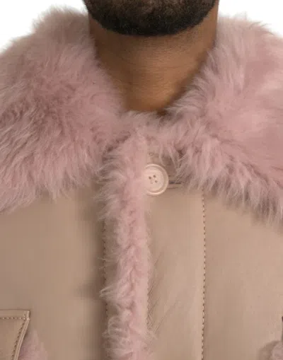 Shop Dolce & Gabbana Beige Pink Lamb Leather Shearling Coat Men's Jacket