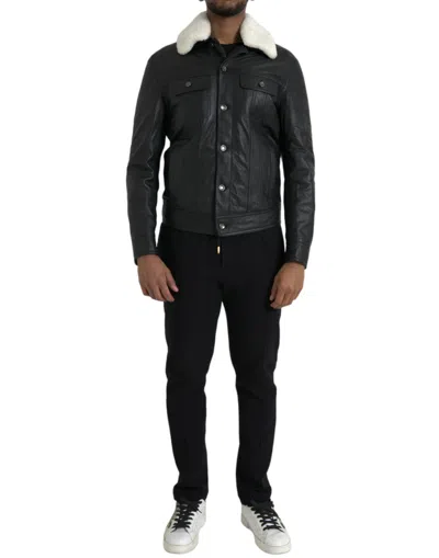 Shop Dolce & Gabbana Black Leather Fur Collar Biker Coat Men's Jacket