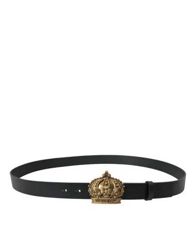 Shop Dolce & Gabbana Black Leather Gold Crown Metal Buckle Men's Belt In Gold Black