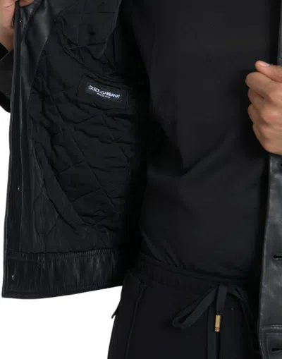Shop Dolce & Gabbana Black Leather Fur Collar Biker Coat Men's Jacket