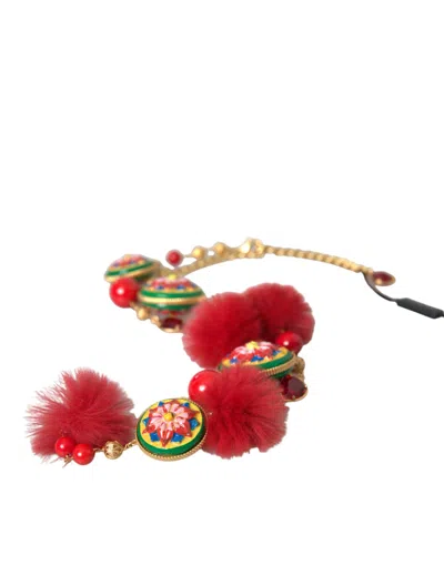 Shop Dolce & Gabbana Gold Brass Red Fur Crystal Waist Torero Waist Women's Belt In Multicolor