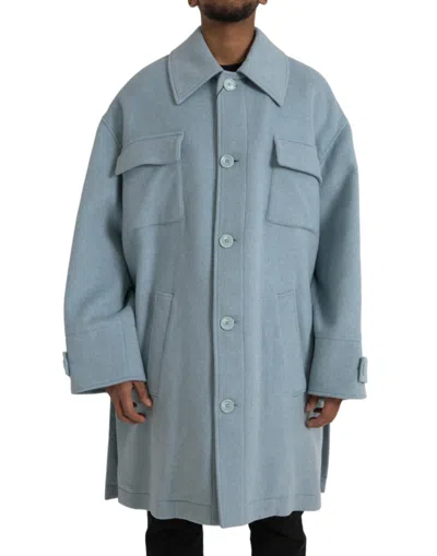 Shop Dolce & Gabbana Light Blue Wool Button Trench Coat Men's Jacket