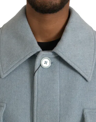 Shop Dolce & Gabbana Light Blue Wool Button Trench Coat Men's Jacket