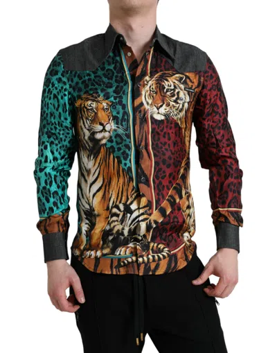 Shop Dolce & Gabbana Multicolor Tiger Button Down Casual Men's Shirt