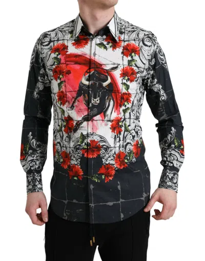 Shop Dolce & Gabbana Slim Fit Floral Bull Cotton Dress Men's Shirt In Multicolor