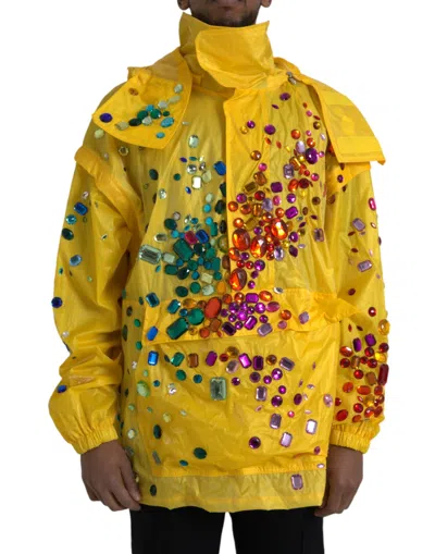 Shop Dolce & Gabbana Yellow Crystal Embellished Hooded Men's Jacket
