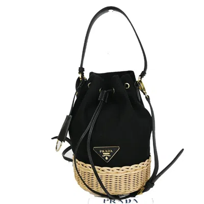 Shop Prada Wicker Black Canvas Shoulder Bag ()