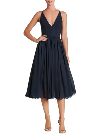 Shop Dress The Population Alicia Womens Crepe Lace Hem Fit & Flare Dress In Blue