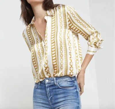 Shop L Agence Tyler Blouse In White Multi Gold Stripe Chain