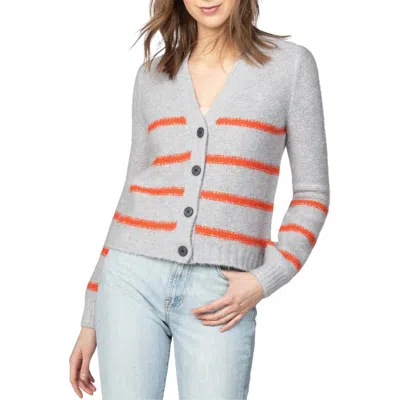 Shop Lilla P Striped Button Cardigan In Fog/scarlet In Multi