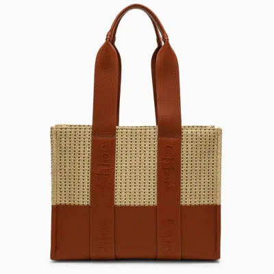 Shop Chloé Chloe Medium Caramel-coloured Woody Bag In Raffia-effect Fabric Women In Brown