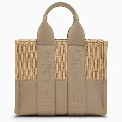 Shop Chloé Chloe Woody Small Grey Bag In Raffia-effect Fabric Women In Gray
