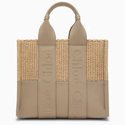 Shop Chloé Chloe Woody Small Grey Bag In Raffia-effect Fabric Women In Gray