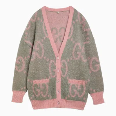 Shop Gucci Reversible Cardigan With Gg Inlay Grey/pink Women In Green