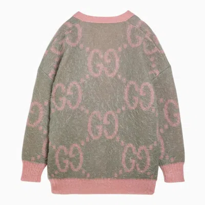 Shop Gucci Reversible Cardigan With Gg Inlay Grey/pink Women In Green
