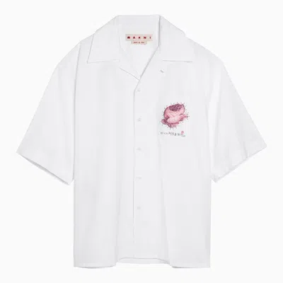 Shop Marni White Cotton Bowling Shirt With Flower Applique Men