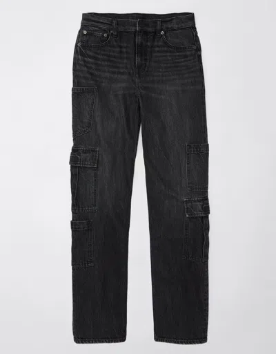 Shop American Eagle Outfitters Ae Super High-waisted Baggy Straight Cargo Jean In Black