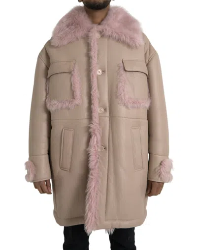Dolce & Gabbana Beige Pink Lamb Leather Shearling Coat Jacket In Beige