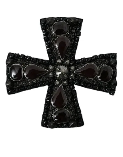 Shop Dolce & Gabbana Black Crystals Embellished Cross Pin Brooch