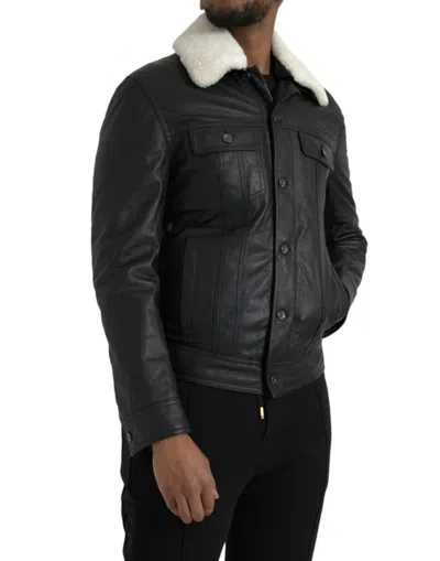Shop Dolce & Gabbana Black Leather Fur Collar Biker Coat Jacket