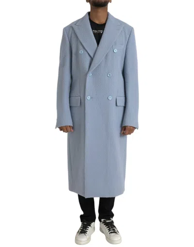 Shop Dolce & Gabbana Blue Double Breasted Long Trench Coat Jacket