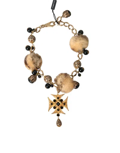 Shop Dolce & Gabbana Gold Black Crystals Lapin Fur Filigree Chocker Necklace