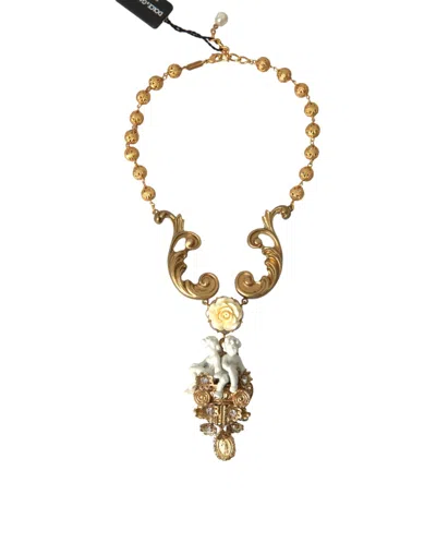 Shop Dolce & Gabbana Gold Brass Angel Floral Beaded Embellished Necklace