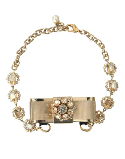 Shop Dolce & Gabbana Gold Brass Clear Crystal Bow Chain Choker Necklace