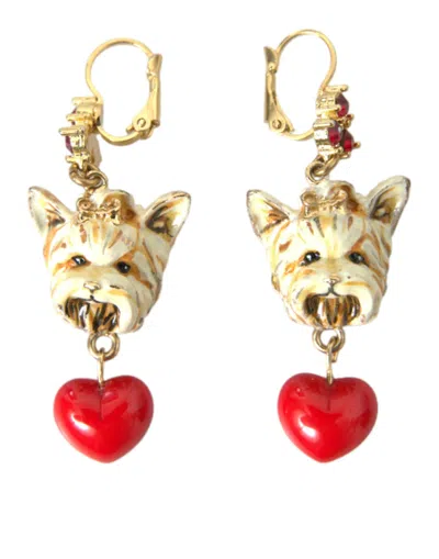 Shop Dolce & Gabbana Gold Brass Heart Dog Red Crystal Dangling Earrings