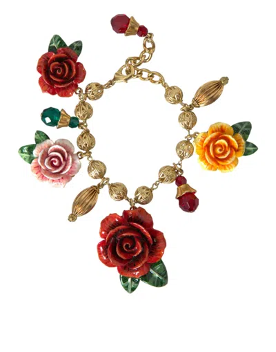 Shop Dolce & Gabbana Gold Brass Multicolor Crystal Rose Ball Chain Bracelet