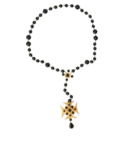 Shop Dolce & Gabbana Gold Tone Brass Cross Black Beaded Chain Rosary Necklace