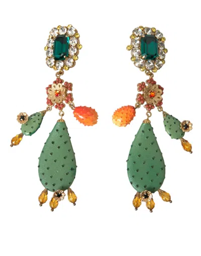 Shop Dolce & Gabbana Green Cactus Crystal Clip On Jewelry Dangling Earrings