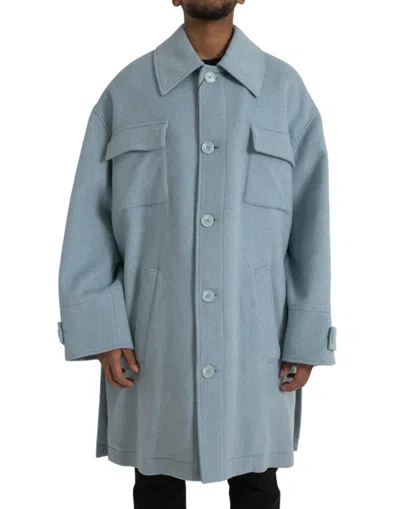 Dolce & Gabbana Light Blue Wool Button Trench Coat Jacket In Blue
