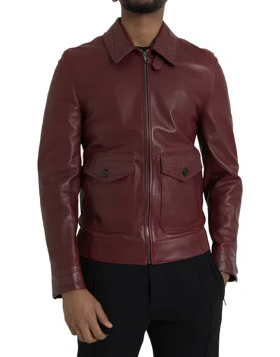 Shop Dolce & Gabbana Maroon Exotic Leather Zip Biker Coat Jacket