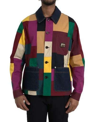 Shop Dolce & Gabbana Multicolor Patchwork Cotton Collared Jacket