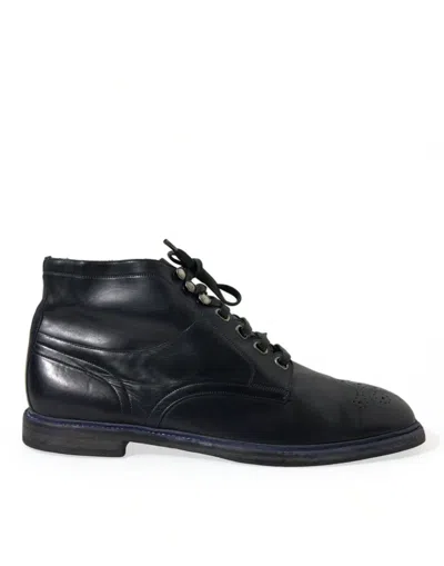Shop Dolce & Gabbana Navy Blue Leather Ankle Boots