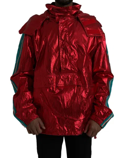 Dolce & Gabbana Red Nylon Hooded Pullover Sweatshirt Jacket In Red
