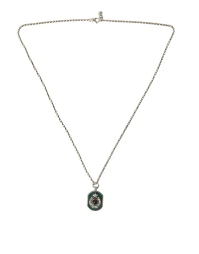Shop Dolce & Gabbana Silver Tone Brass Chain Tag Bead Crown Pendant Necklace