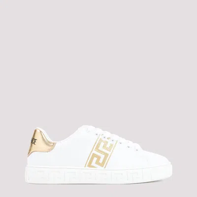 Shop Versace White And Golden Leather Greca Sneakers