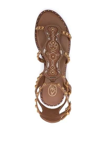 Shop Ash Plaza Studded Leather Sandals In Leather Brown