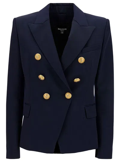 Shop Balmain Blue Double-breasted Jacket With Jewel Buttons In Wool Woman