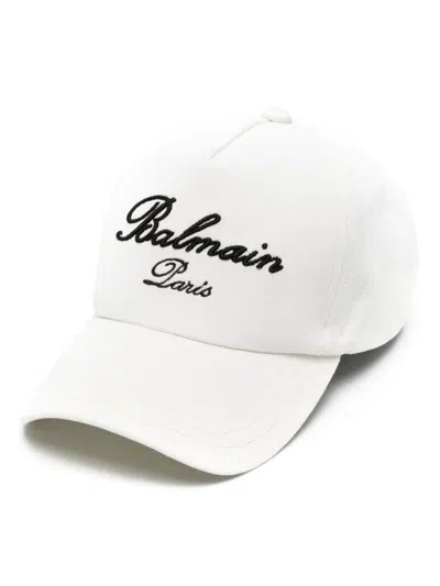 Shop Balmain Hat With Logo In White