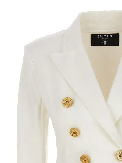 Balmain White Double-breasted Jacket With Peak Lapels And Logo Buttons In Fabric Women In 0fablanc
