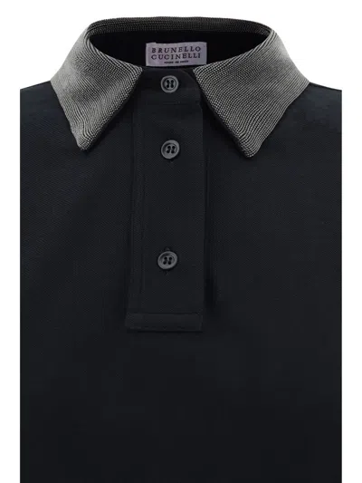Shop Brunello Cucinelli Cotton Polo Shirt With Jewelled Collar In Black