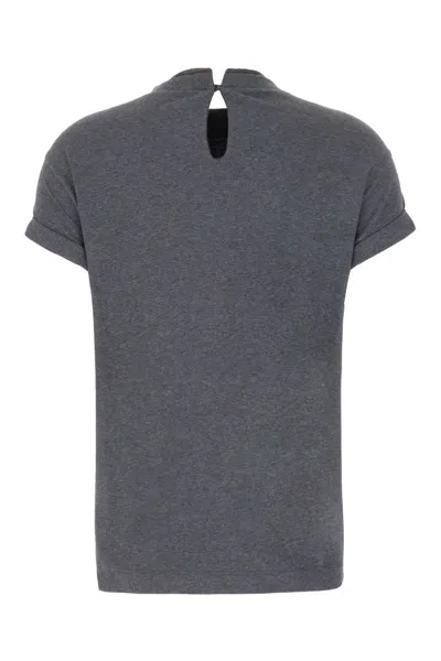 Shop Brunello Cucinelli Grey Crewn Neck T-shirt With Pearls In Stretch Cotton Woman