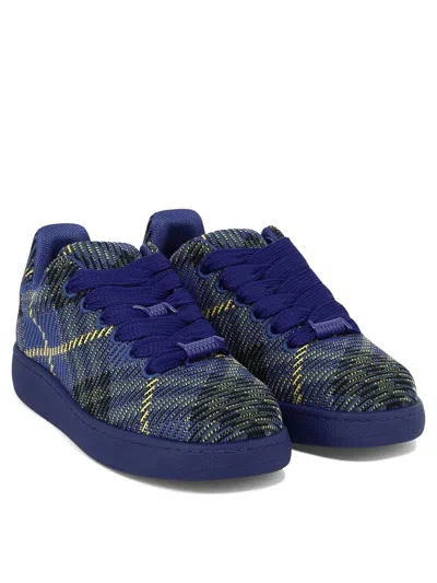 Shop Burberry Checked Knitted Sneakers In Blue